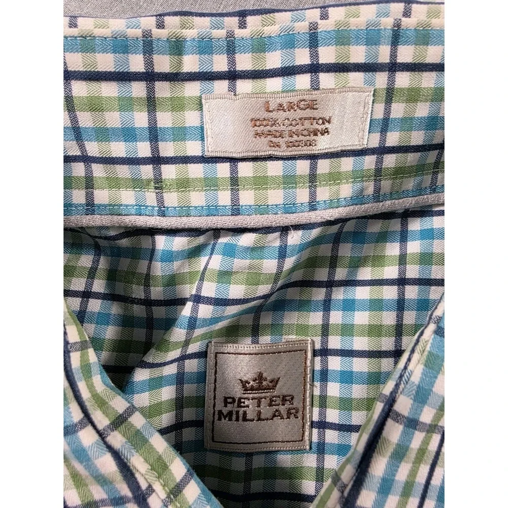 Peter‎ Millar Shirt Mens Large Blue Green Button Up L/S Plaid Casual Preppey
